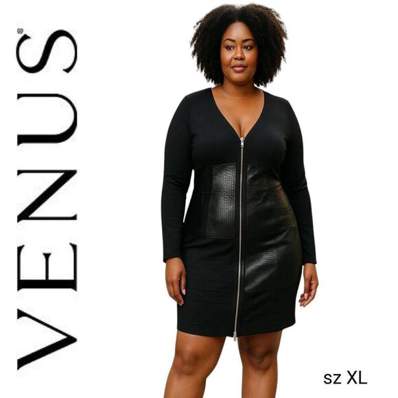 Venus Black Bandage Bodycon V Neck Shiny Reptile Accent Full Zip Sexy Dress - Picture 1 of 9